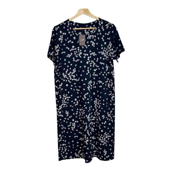 J Jill Floral Print Knit T Shirt Dress Navy Blue Casual Comfy Womens - Picture 2 of 8